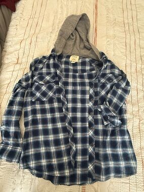 Women’s ' Blue Plaid Hooded Button-Up Shirt